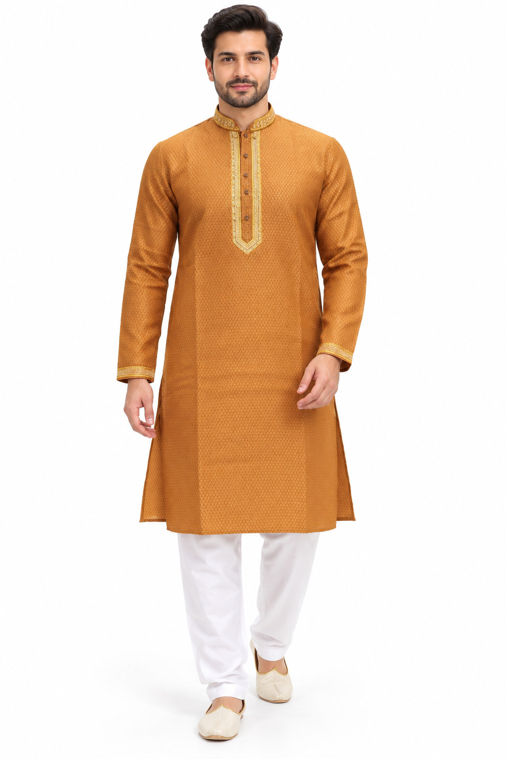 RIVAZ Camel Brown Kurta Pyjama for Men , 12349-1, full front view