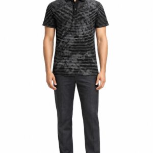 RIVAZ charcoal fine stripe polo shirt for men, full front view, code 22372