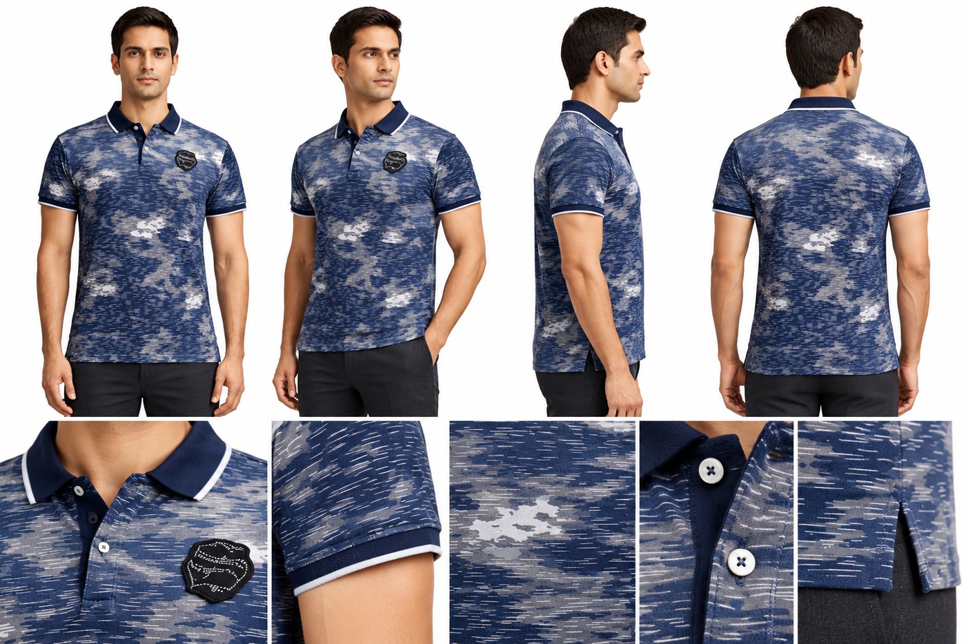 RIVAZ navy blue washed print polo shirt for men, multi-angle detail view, code 25670