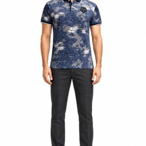 RIVAZ navy blue washed print polo shirt for men, full front view, code 25670