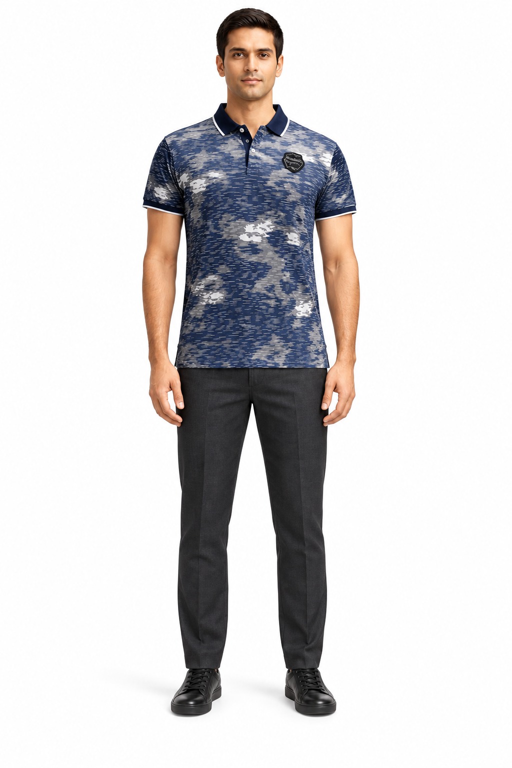 RIVAZ navy blue washed print polo shirt for men, full front view, code 25670