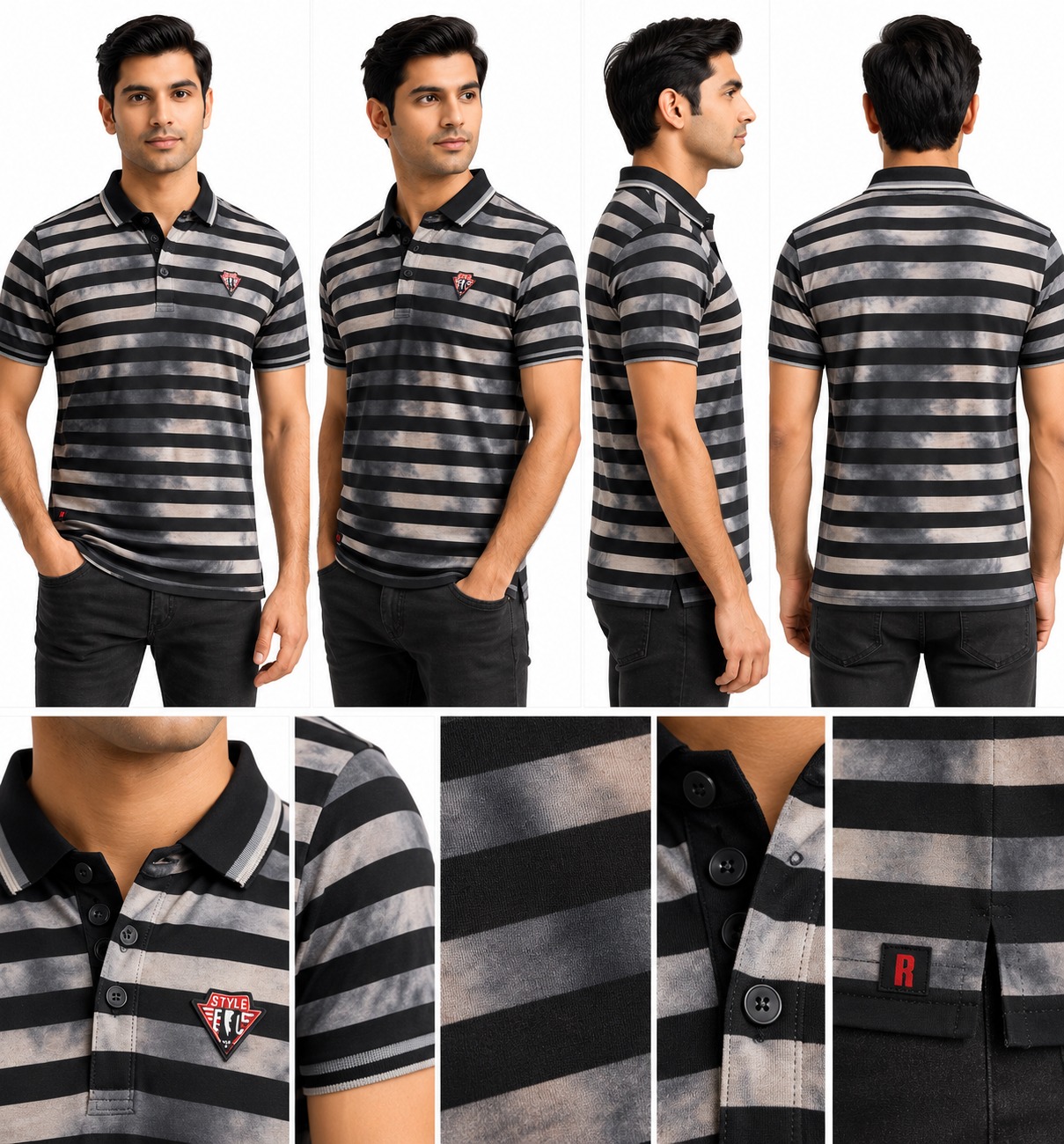 RIVAZ black grey striped polo shirt for men, multi-angle detail view, code 25681