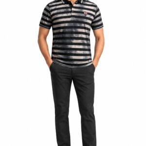 RIVAZ black grey striped polo shirt for men, front view, code 25681