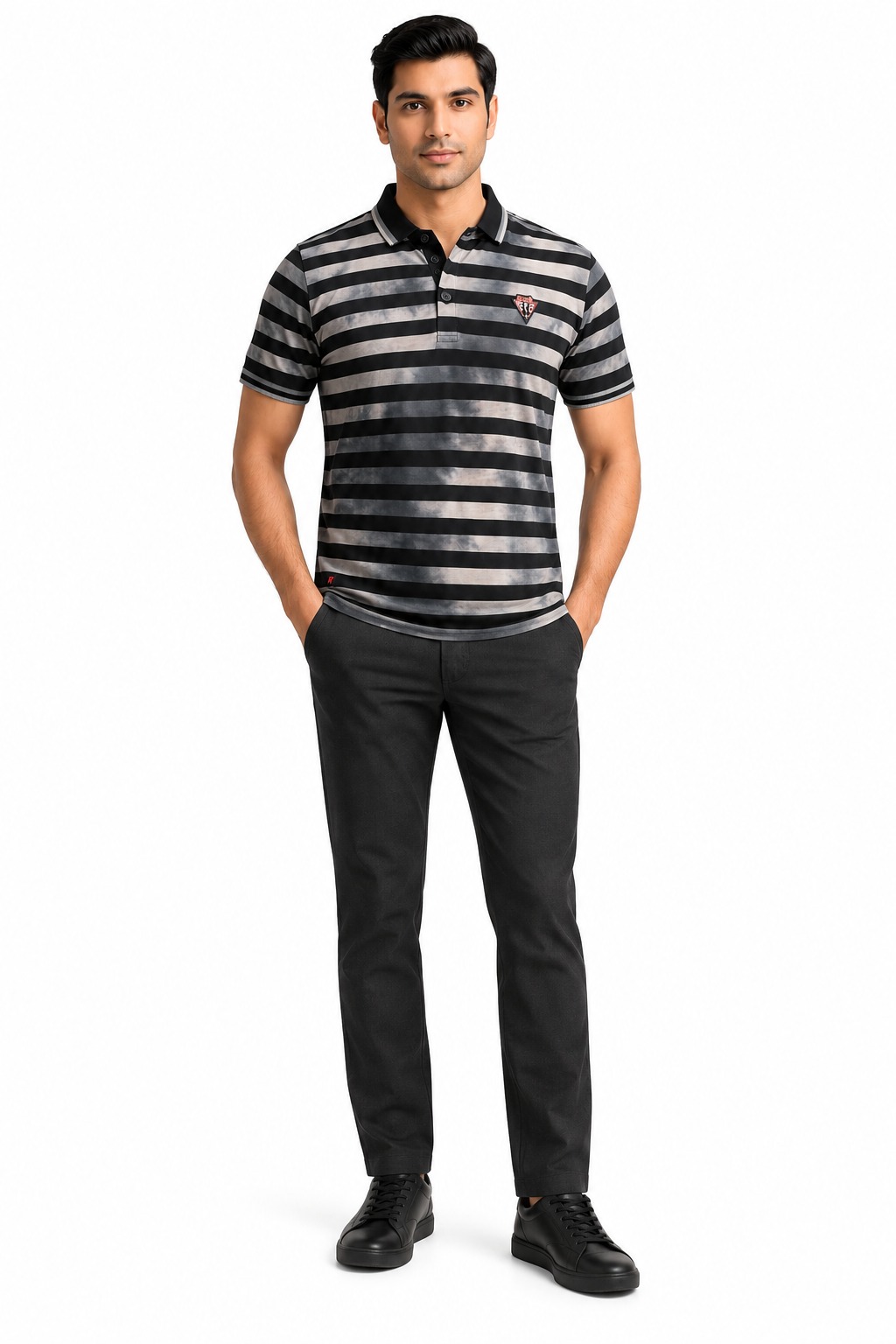 RIVAZ black grey striped polo shirt for men, front view, code 25681