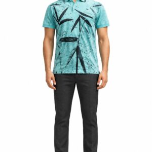 RIVAZ aqua blue palm print polo shirt for men, front view, code 32221