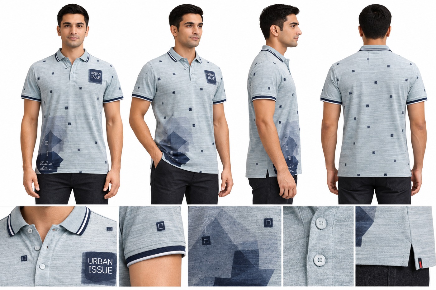 RIVAZ light blue graphic polo shirt for men, multi-angle detail view, code 32249