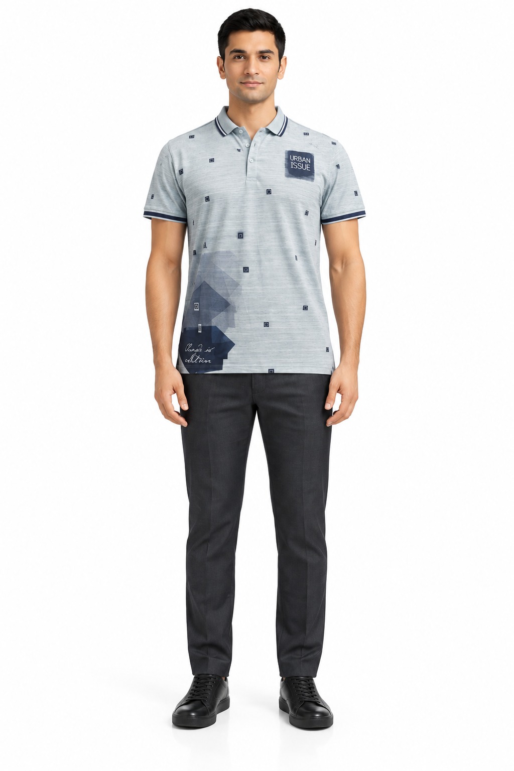 RIVAZ light blue graphic polo shirt for men, front view, code 32249