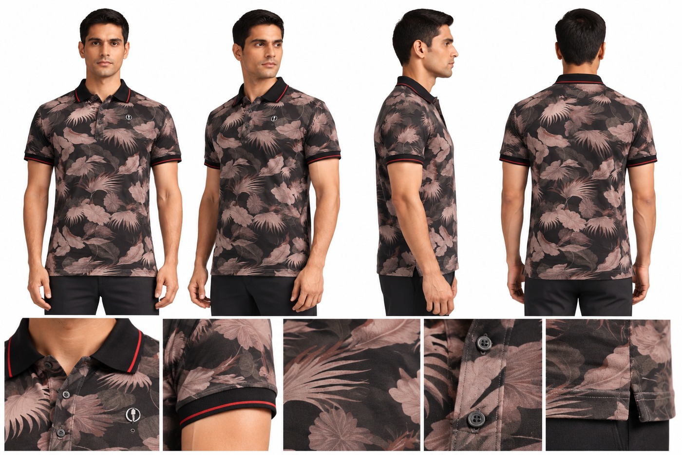 RIVAZ black pink tropical polo shirt for men, multi-angle detail view, code 32686