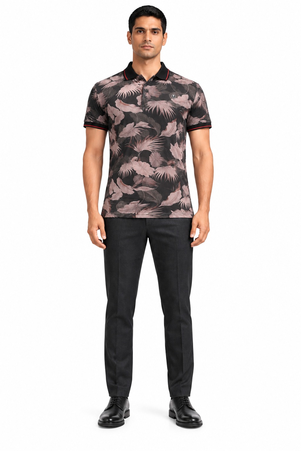 RIVAZ black pink tropical polo shirt for men, front view, code 32686