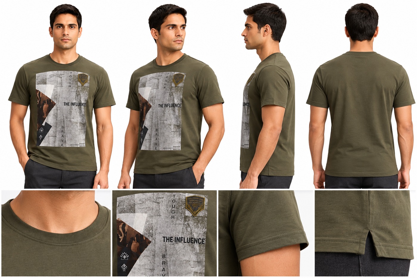 RIVAZ olive green front graphic T-shirt for men, multi-angle detail view, code 33840