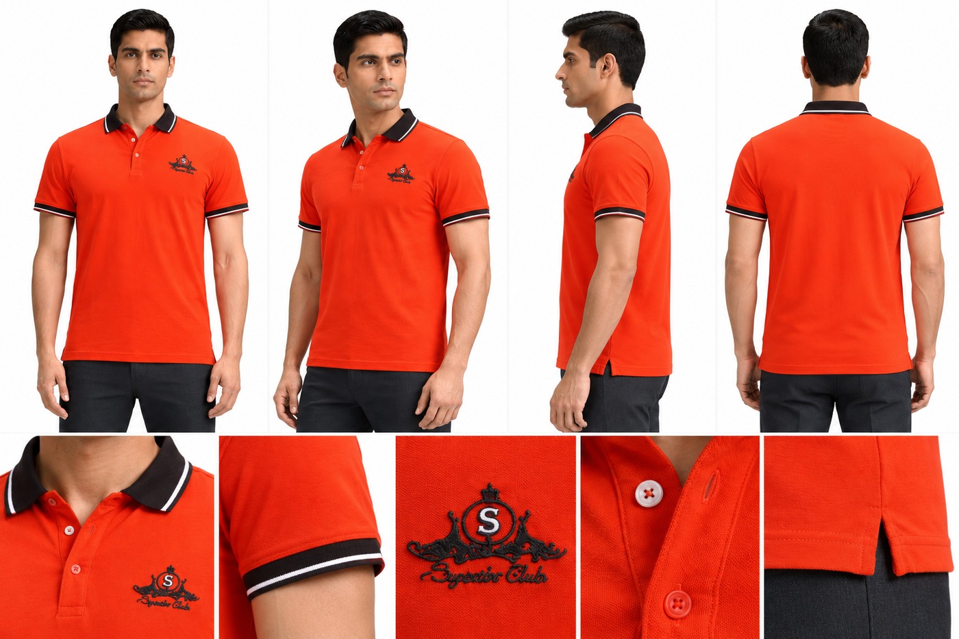 RIVAZ bright red contrast trim polo shirt for men, multi-angle detail view, code 33894