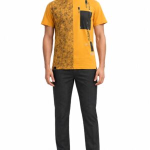 RIVAZ mustard yellow urban graphic T-shirt for men, front view, code 34339
