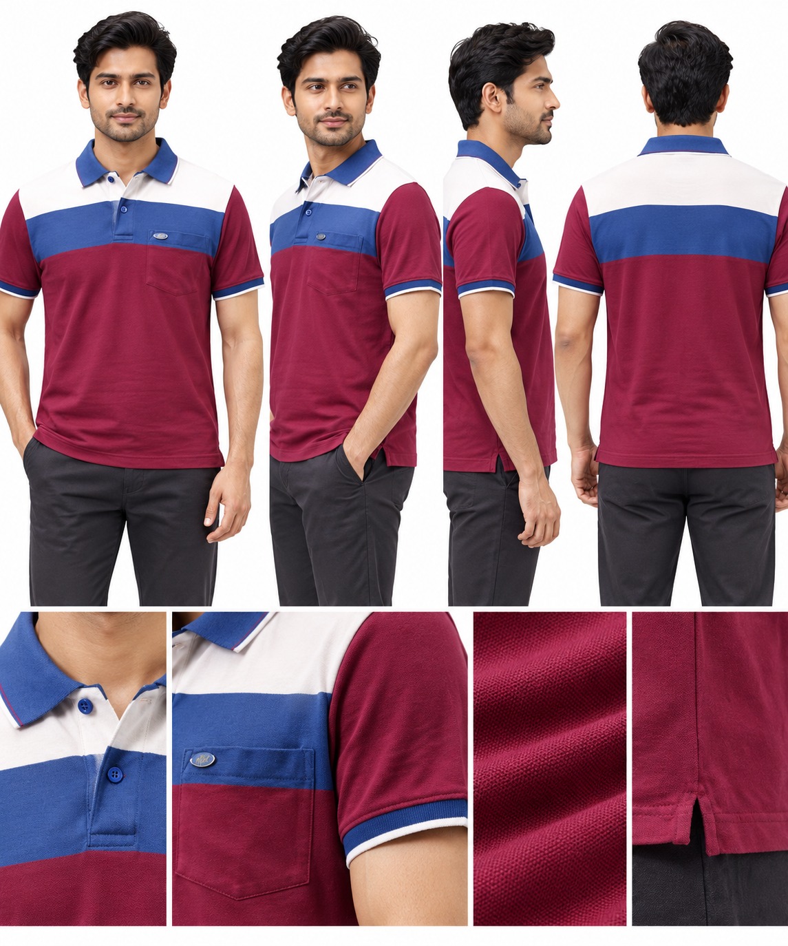 RIVAZ maroon navy white colour block polo shirt for men, multi-angle detail view, code 59353