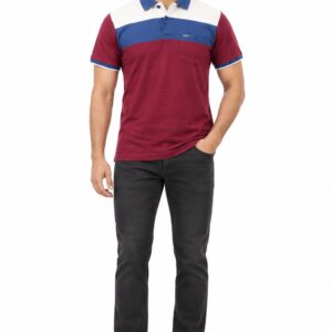 RIVAZ maroon navy white colour block polo shirt for men, front view, code 59353