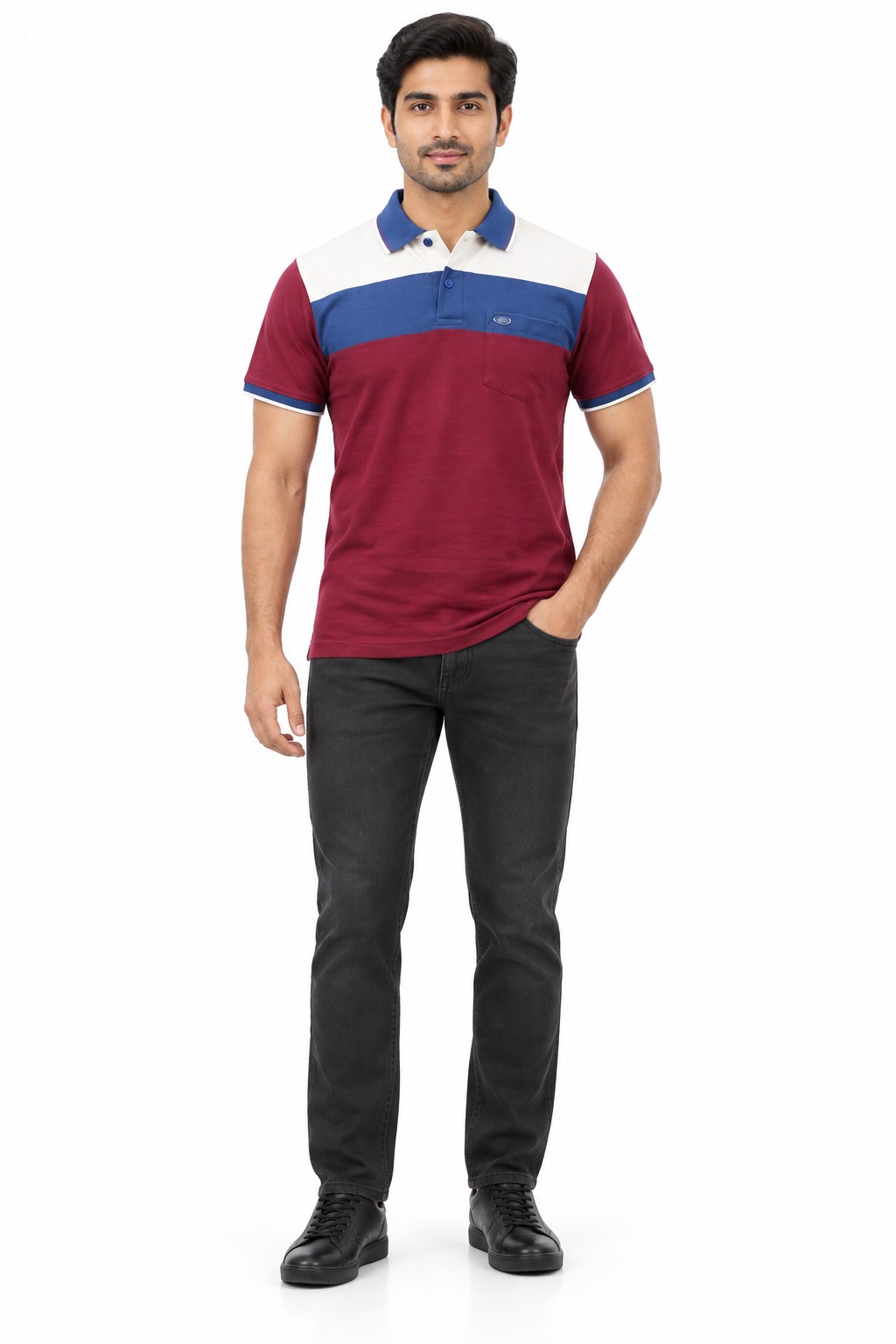 RIVAZ maroon navy white colour block polo shirt for men, front view, code 59353