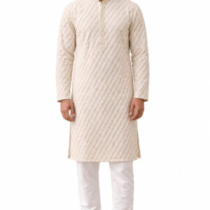 RIVAZ cream men’s kurta pyjama set, full-length front view, code 59672