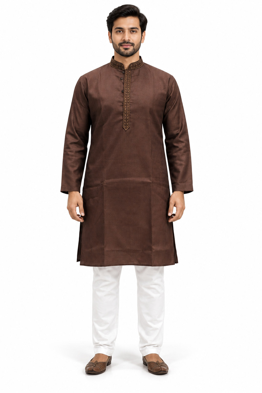 RIVAZ dark brown men’s kurta pyjama set, full-length front view, code 59699(1)