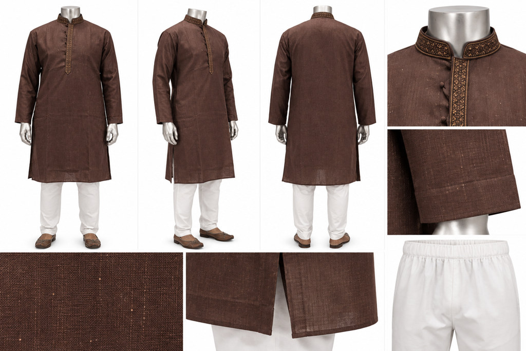 RIVAZ dark brown kurta pyjama, multiple views showing clean, solid-colour look, code 59699(1)