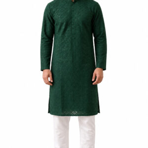 RIVAZ forest green men’s kurta pyjama set, full-length front view, code 59741