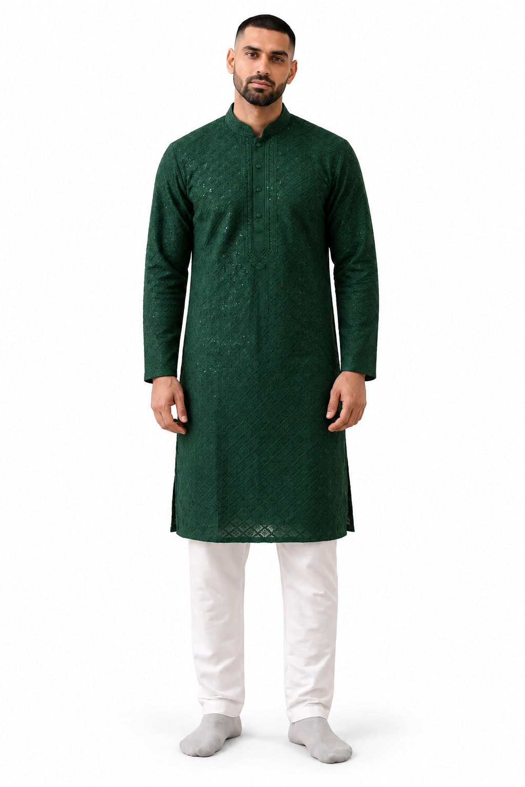 RIVAZ forest green men’s kurta pyjama set, full-length front view, code 59741