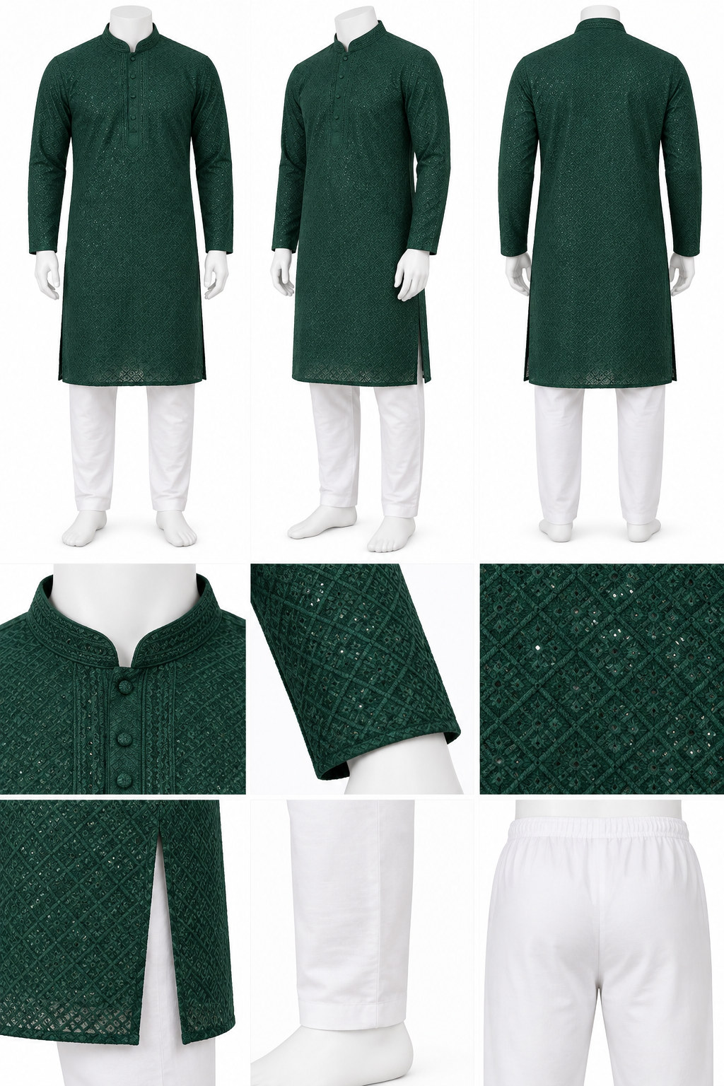 RIVAZ forest green kurta pyjama, multiple views showing clean, solid-colour look, code 59741
