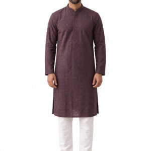 RIVAZ plum brown men’s kurta pyjama set, full-length front view, code 59746-1
