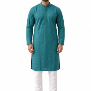 RIVAZ teal blue men’s kurta pyjama set, full-length front view, code 59746