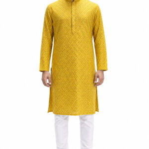 RIVAZ mustard yellow men’s kurta pyjama set, full-length front view, code 59762