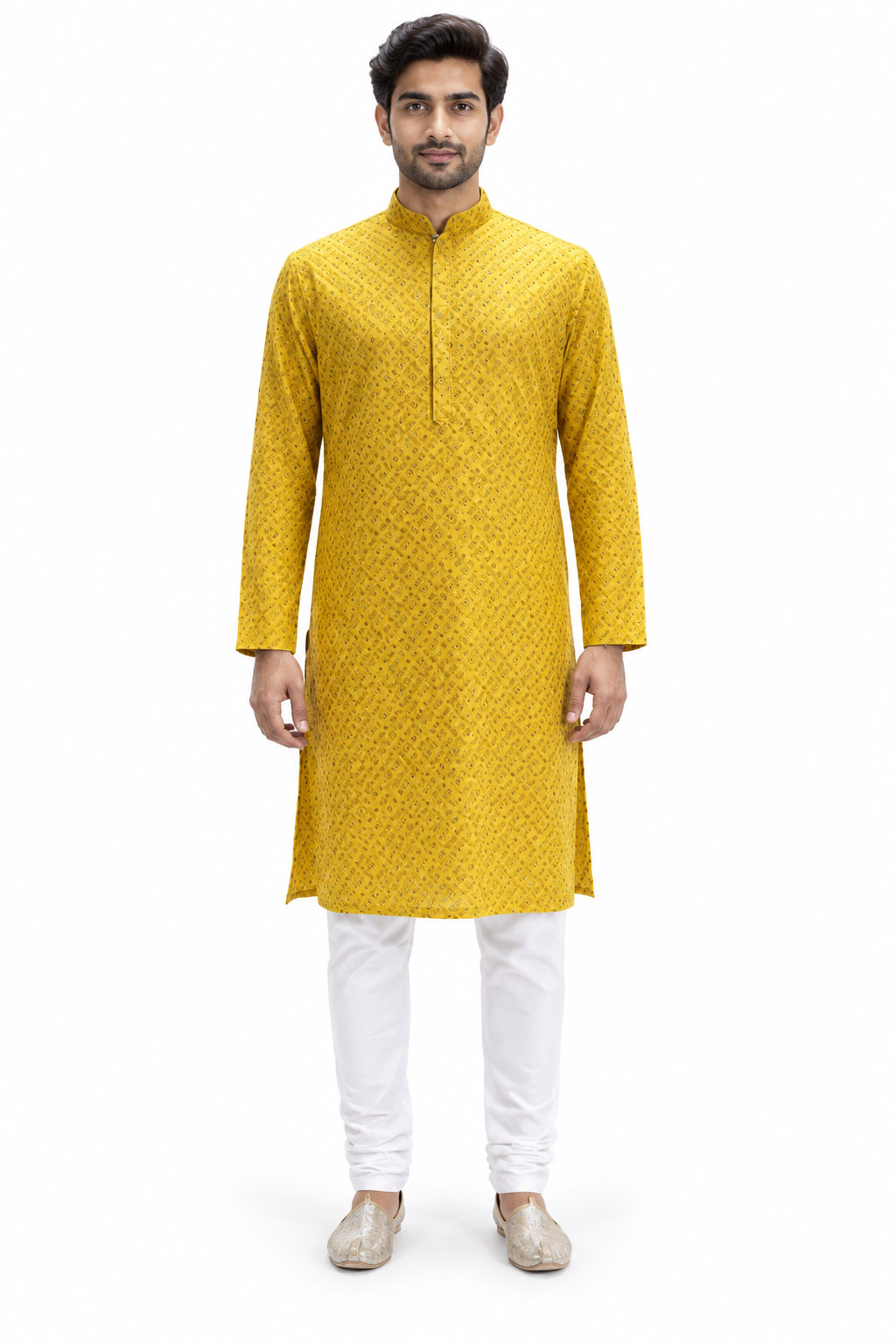 RIVAZ mustard yellow men’s kurta pyjama set, full-length front view, code 59762