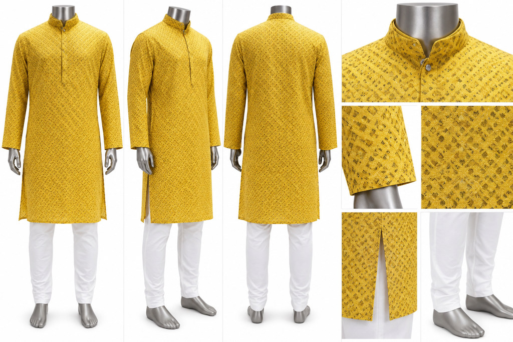 RIVAZ mustard yellow kurta pyjama, multiple views showing subtle patterned look, code 59762