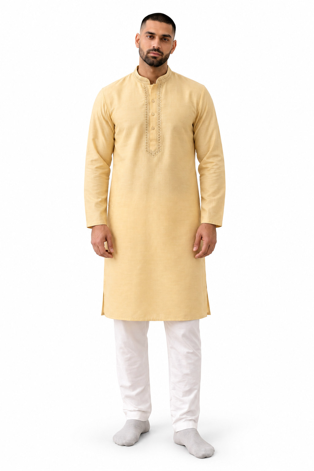 RIVAZ pale yellow men’s kurta pyjama set, full-length front view, code 59843
