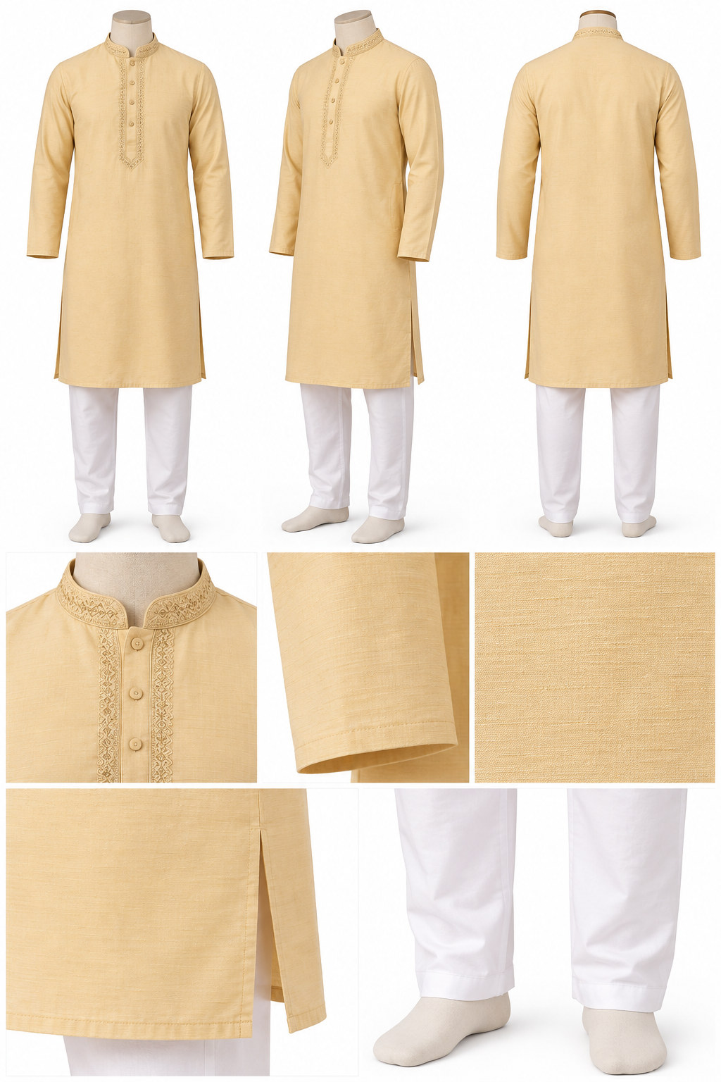 RIVAZ pale yellow kurta pyjama, multiple views showing subtle patterned look, code 59843