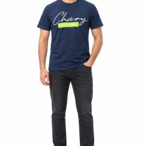 RIVAZ navy blue script graphic T-shirt for men, front view, code 60093