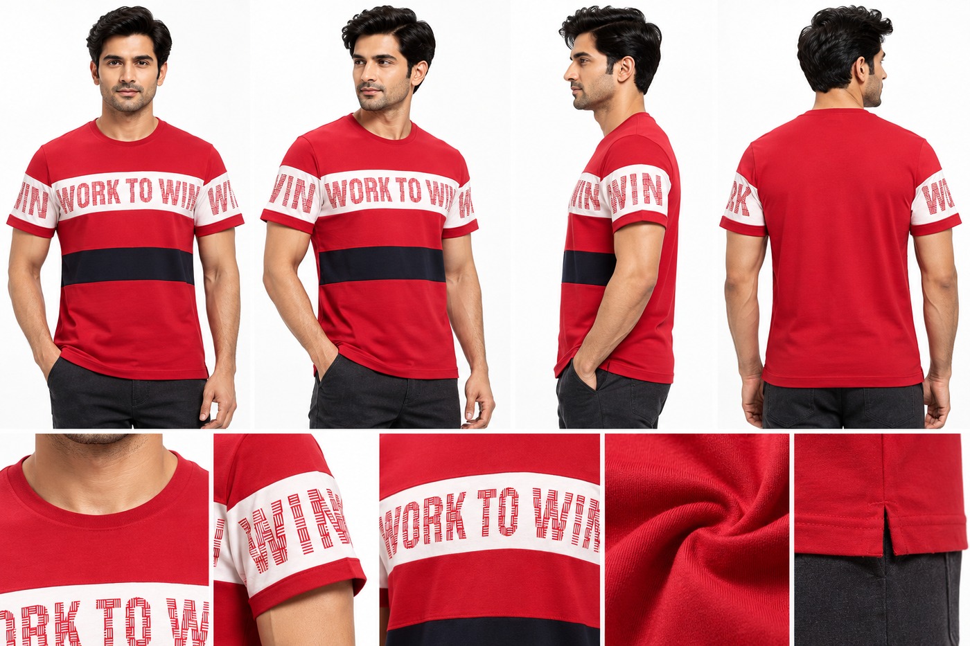 RIVAZ red navy white sport stripe T-shirt for men, multi-angle detail view, code 60096 Red