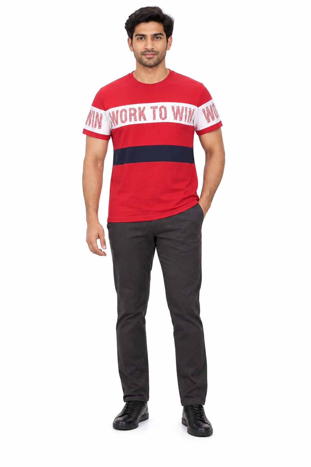 RIVAZ red navy white sport stripe T-shirt for men, front view, code 60096 Red
