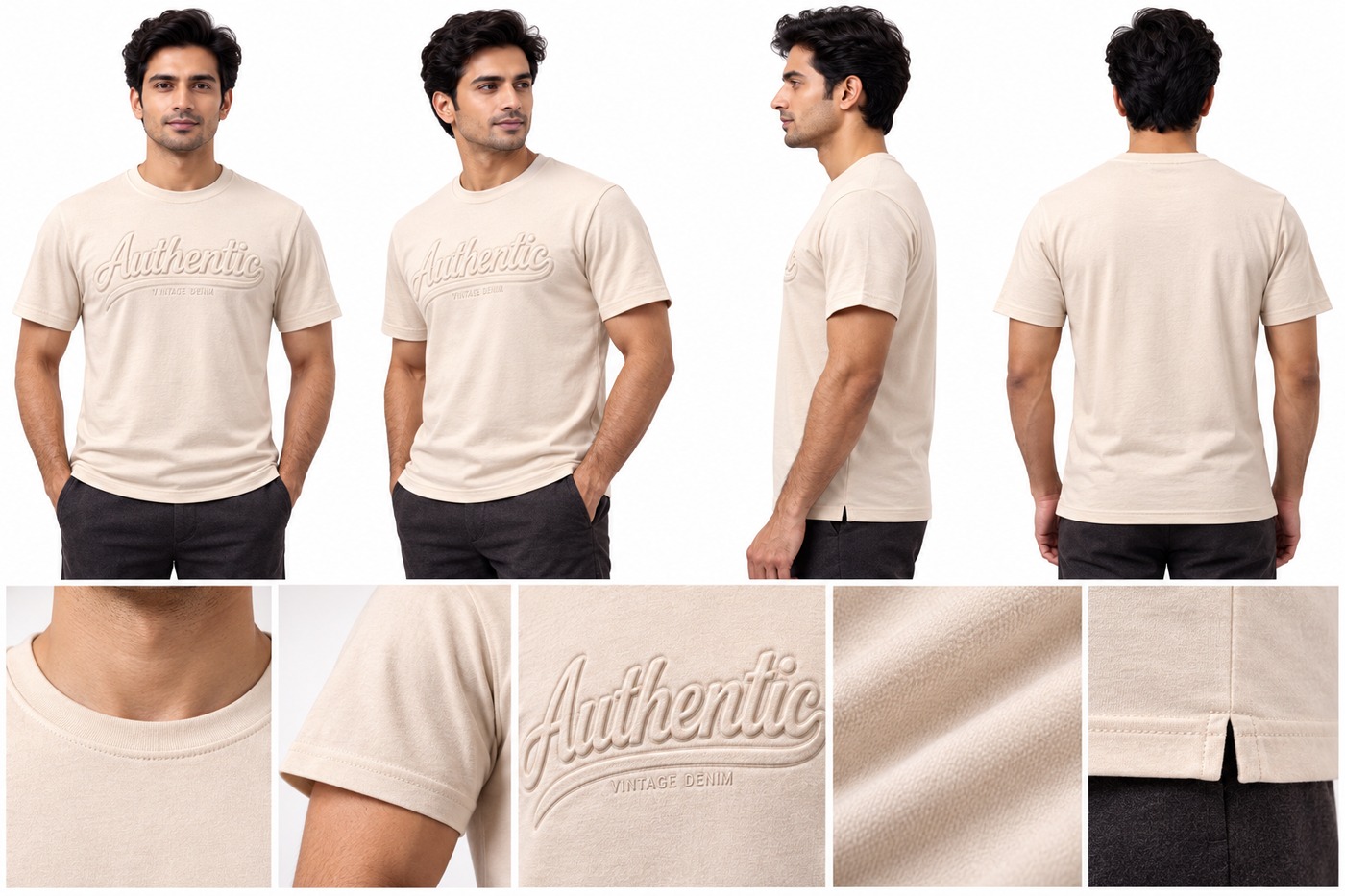 RIVAZ cream tonal graphic T-shirt for men, multi-angle detail view, code 60100 Cream