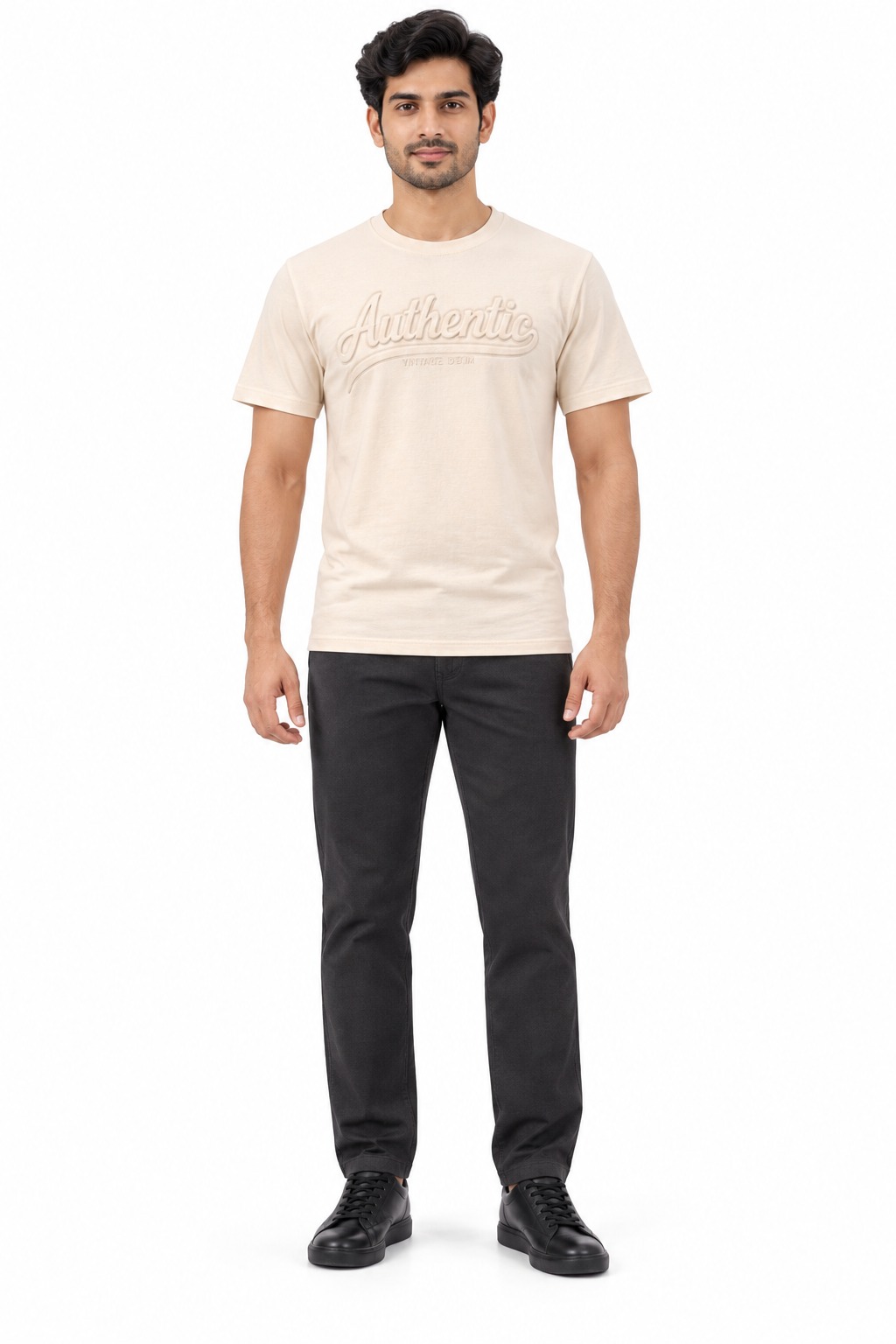 RIVAZ cream tonal graphic T-shirt for men, front view, code 60100 Cream