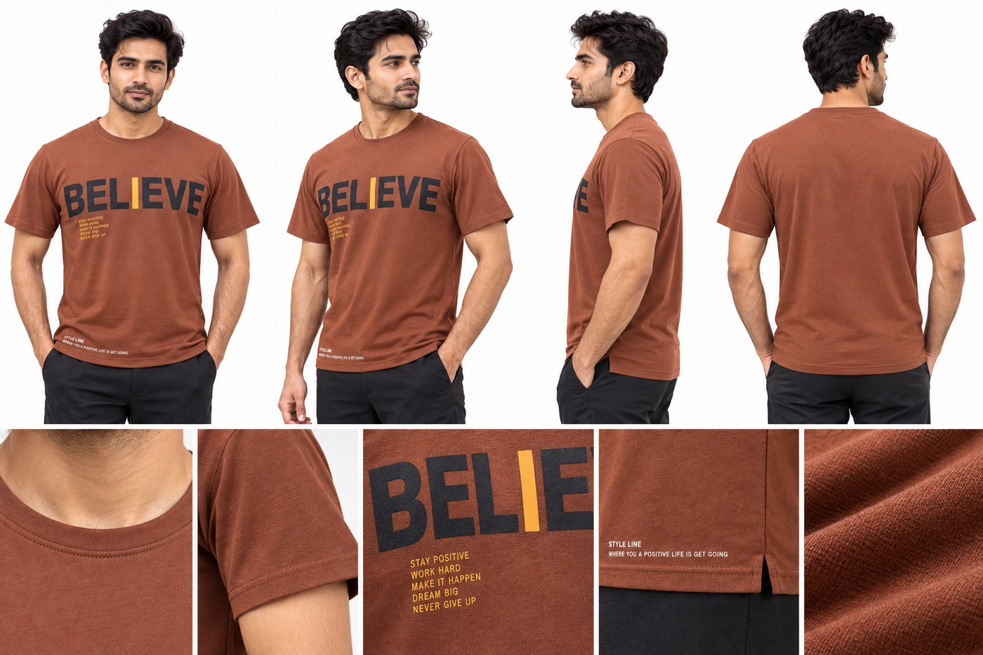 RIVAZ rust brown believe graphic T-shirt for men, multi-angle detail view, code 60102