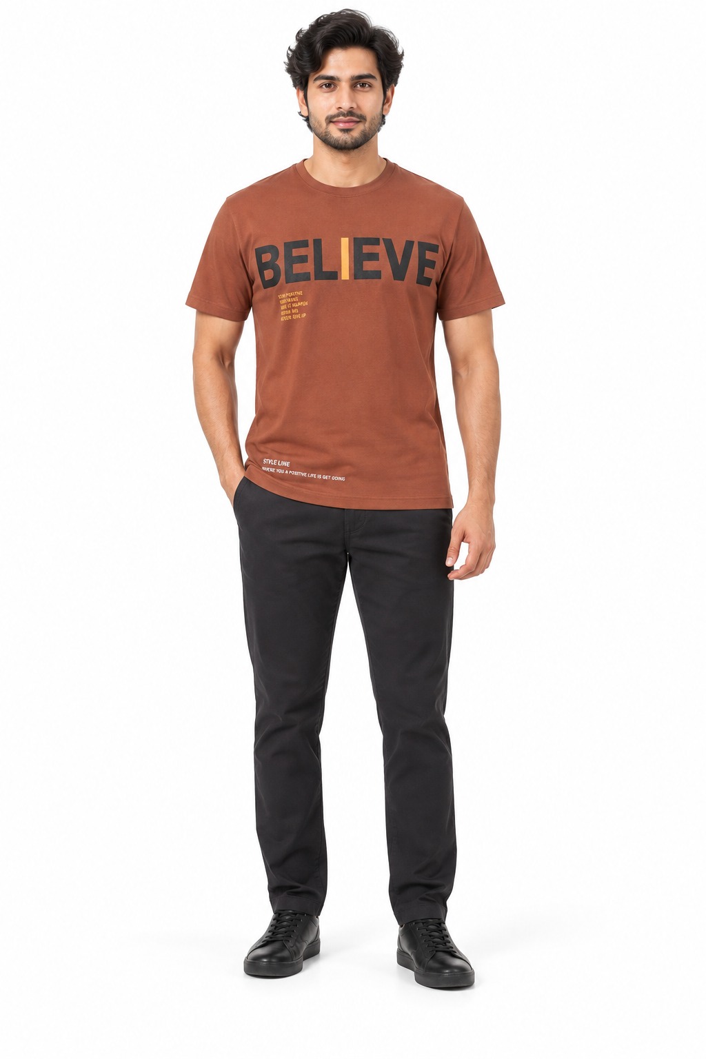 RIVAZ rust brown believe graphic T-shirt for men, front view, code 60102