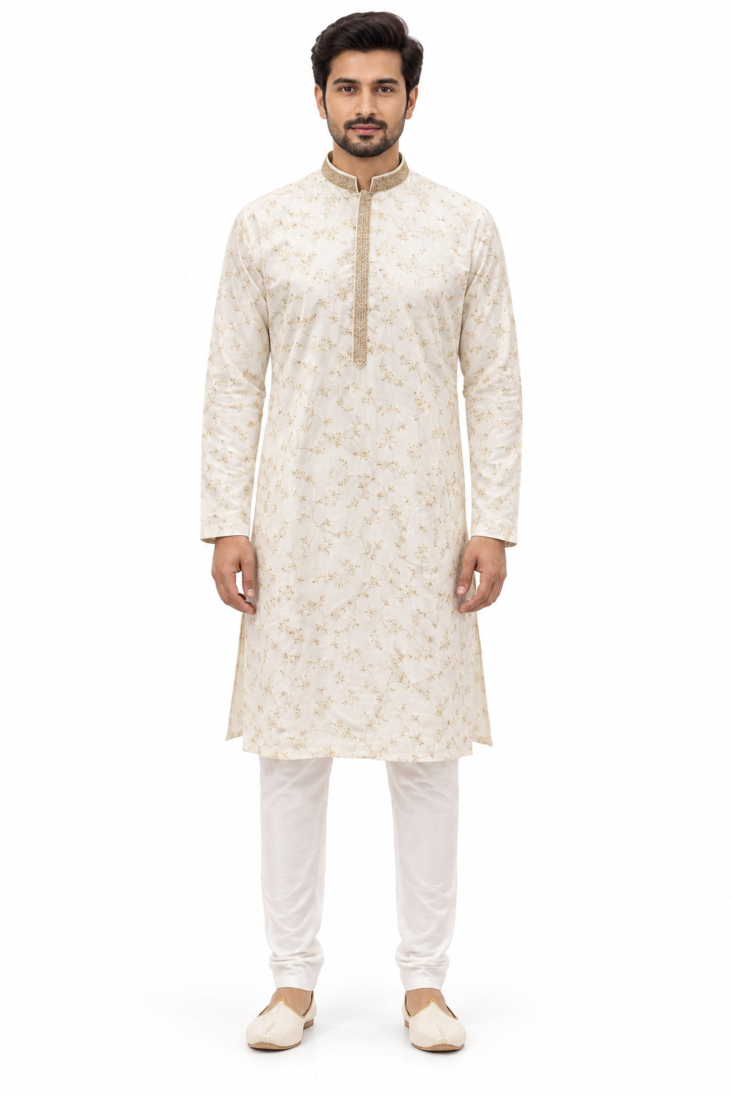 RIVAZ off-white men’s kurta pyjama set, full-length front view, code 60848