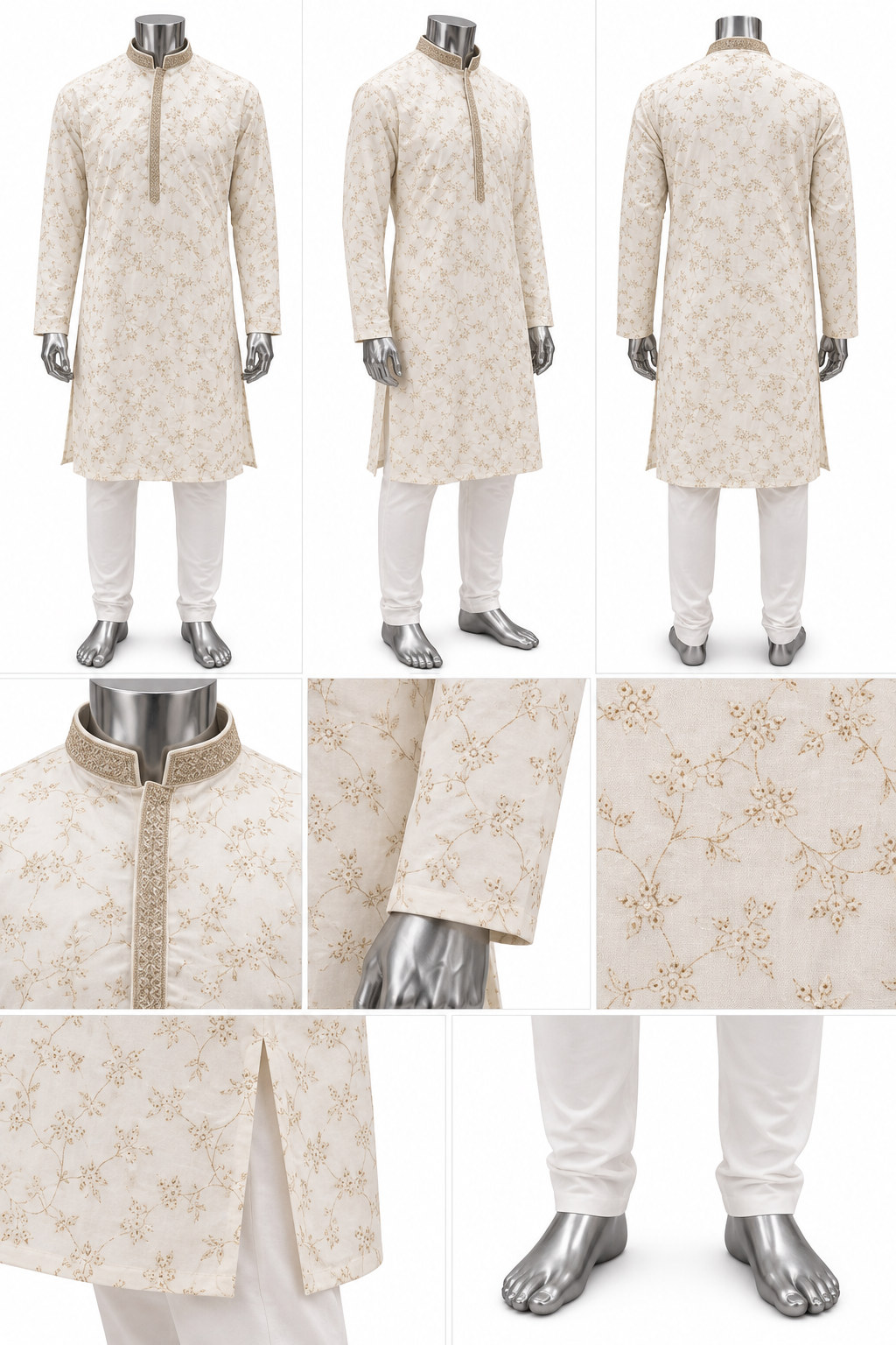 RIVAZ off-white kurta pyjama, multiple views showing subtle patterned look, code 60848