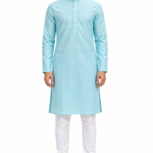 RIVAZ aqua blue men’s kurta pyjama set, full-length front view, code 60859