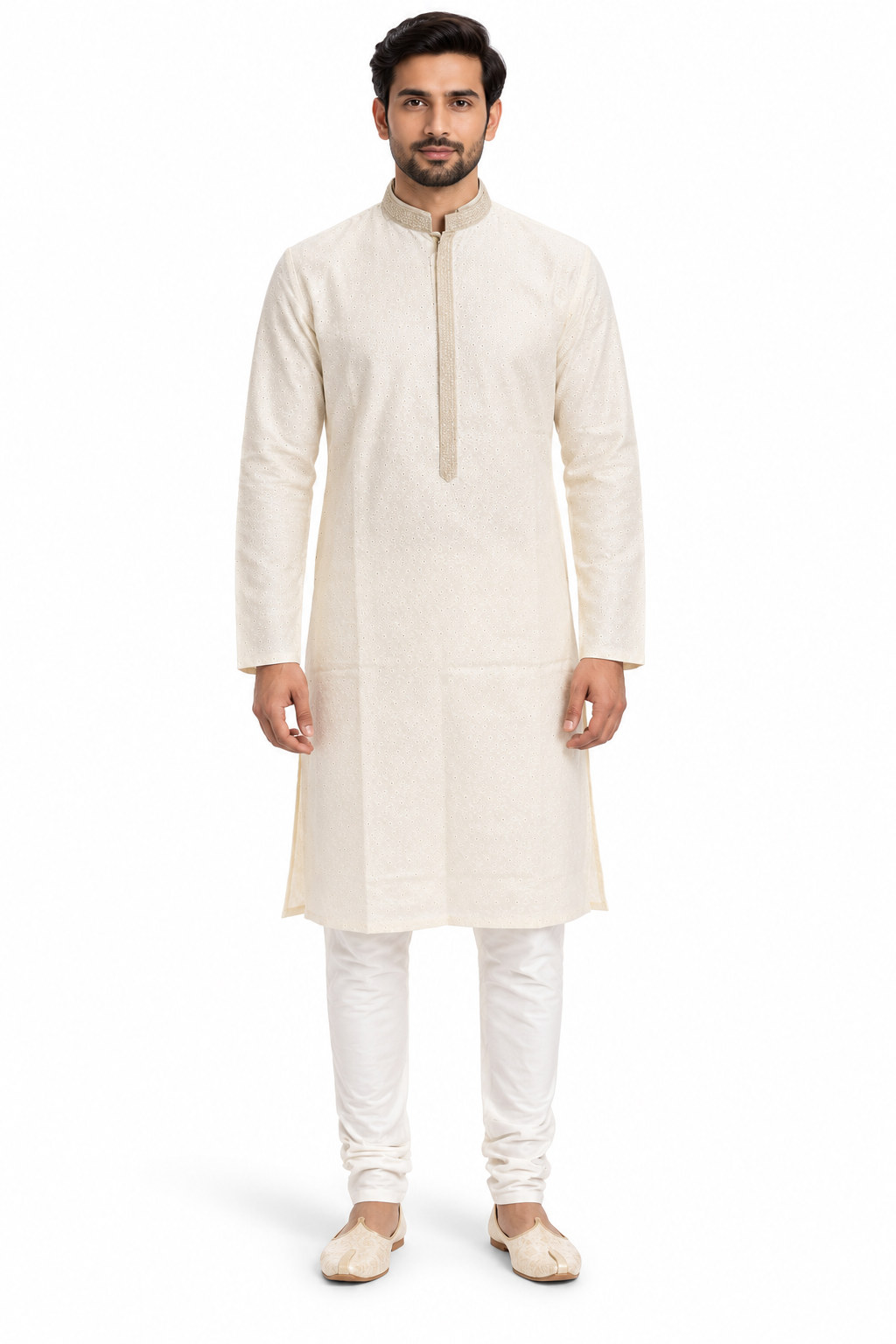 RIVAZ ivory men’s kurta pyjama set, full-length front view, code 60875