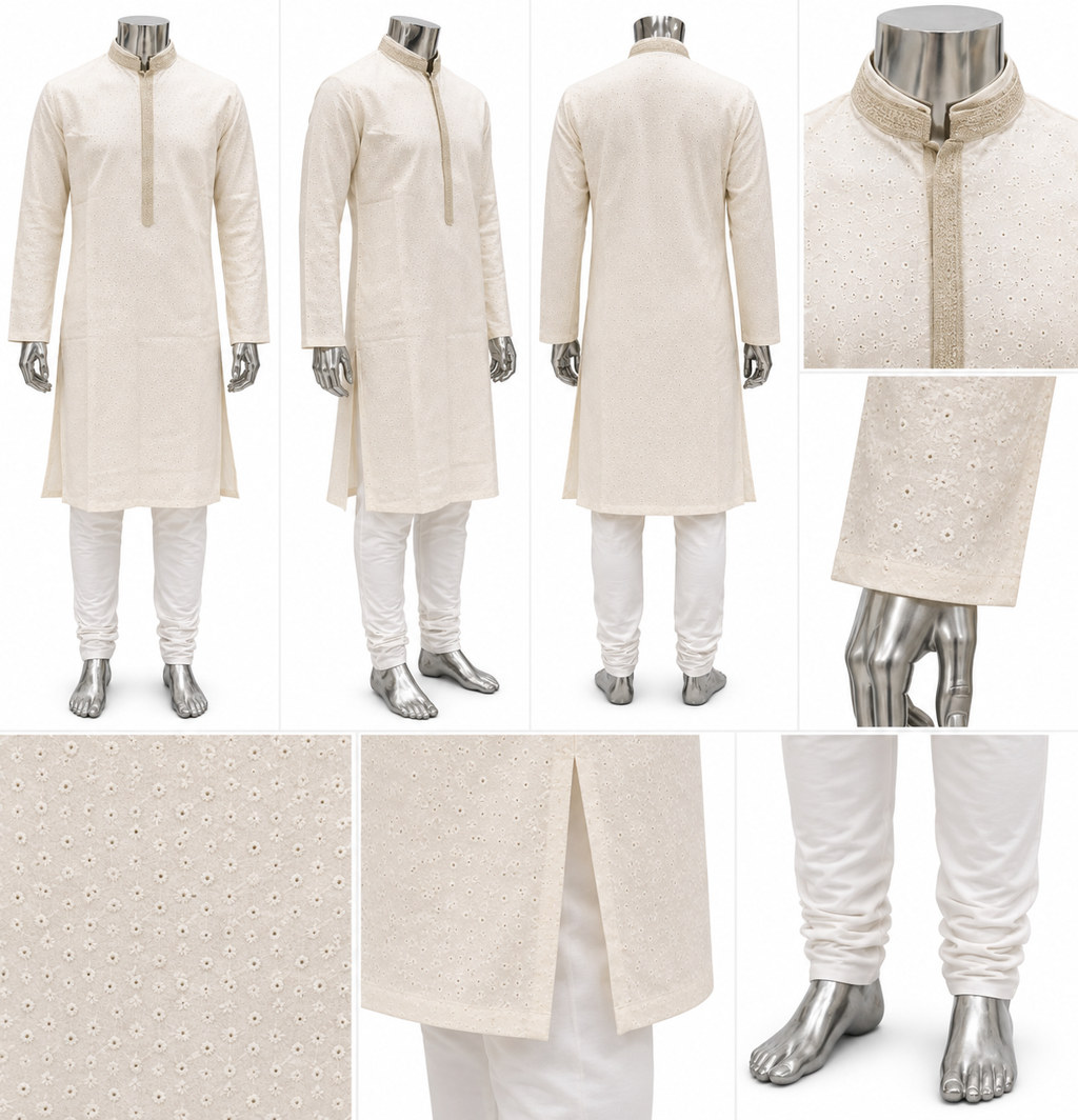 RIVAZ ivory kurta pyjama, multiple views showing clean, solid-colour look, code 60875