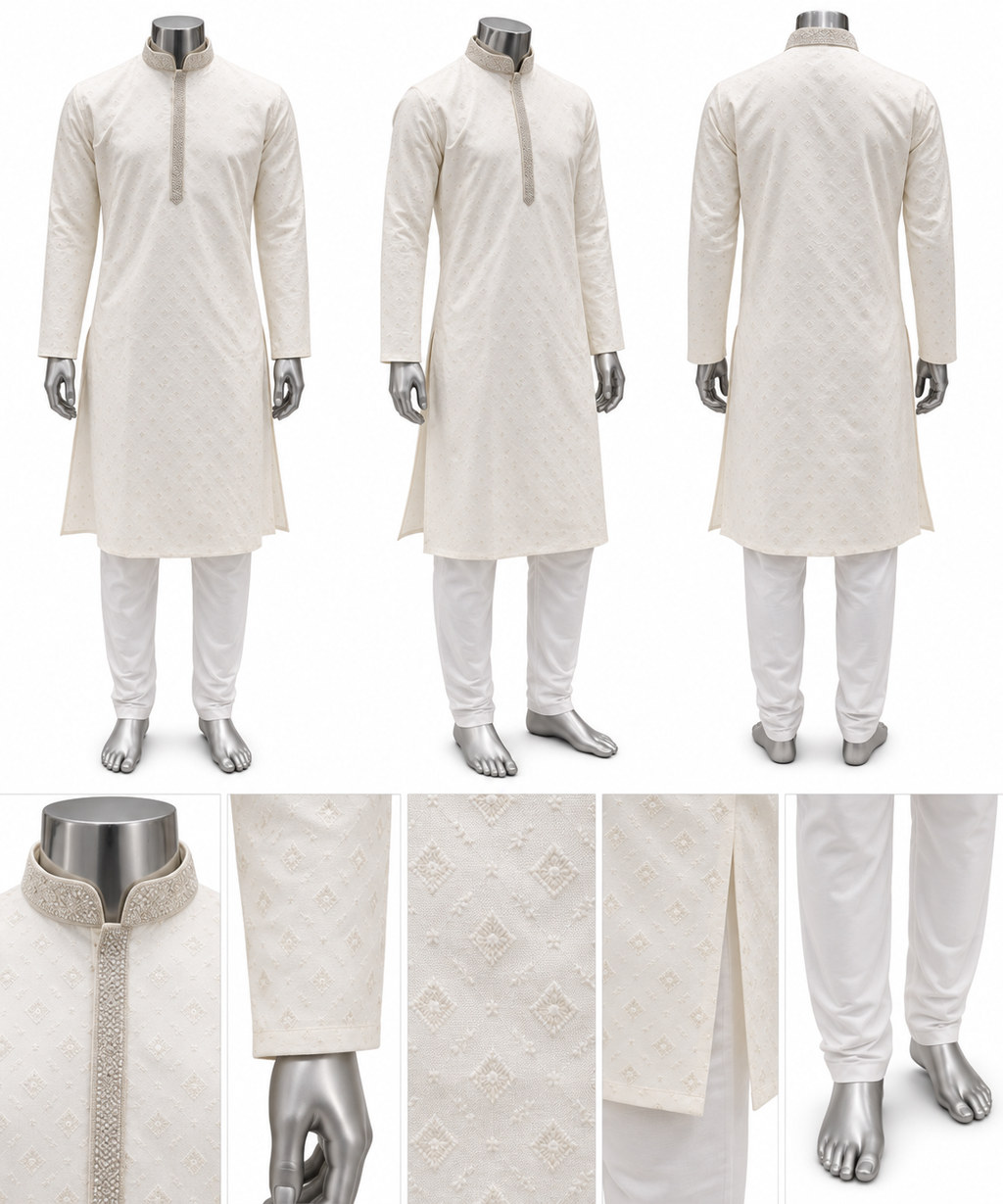 RIVAZ ivory kurta pyjama, multiple views showing clean, solid-colour look, code 60929-1