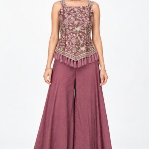 RIVAZ mauve palazzo set 60940-1, full front view with floral embellished sleeveless top and flowing wide-leg palazzos