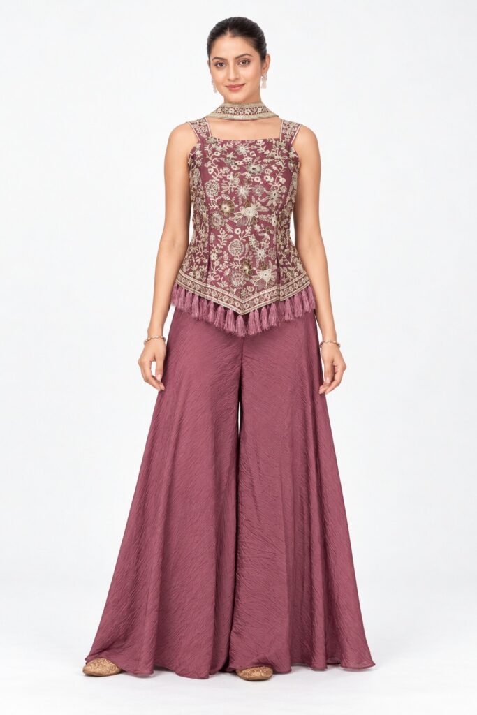 RIVAZ mauve palazzo set 60940-1, full front view with floral embellished sleeveless top and flowing wide-leg palazzos