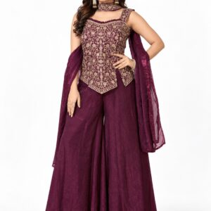 RIVAZ deep plum palazzo set 60941, full front view with ornate sleeveless bodice, wide-leg palazzos and matching drape