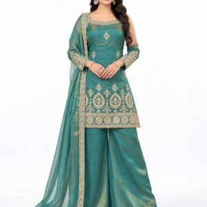 RIVAZ teal palazzo set 60949, full front view with gold-toned border motifs, wide-leg palazzos and matching drape