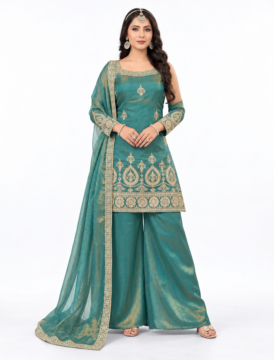 RIVAZ teal palazzo set 60949, full front view with gold-toned border motifs, wide-leg palazzos and matching drape